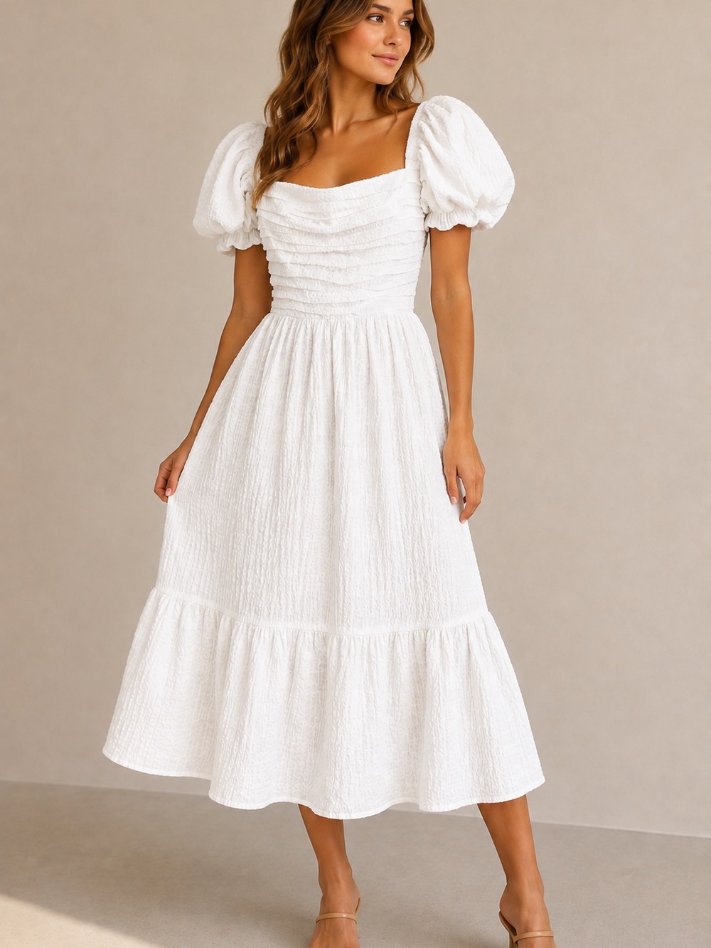 Abercrombie & Fitch White Textured Puff Sleeve Midi Dress Size L NWT